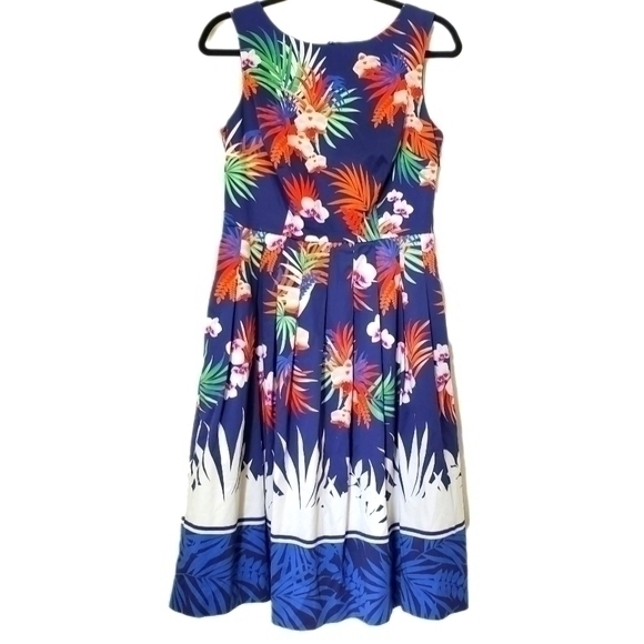 Talbots Women's Blue Tropical Print Midi Fit & Flare Cotton Dress with Pockets - Picture 1 of 15